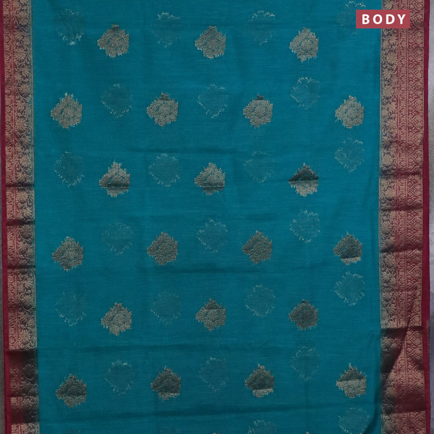 Banarasi semi matka saree teal blue and dark magenta pink with antique zari woven buttas and antique zari border