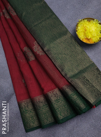 Banarasi semi matka saree red and green with antique zari woven buttas and antique zari border