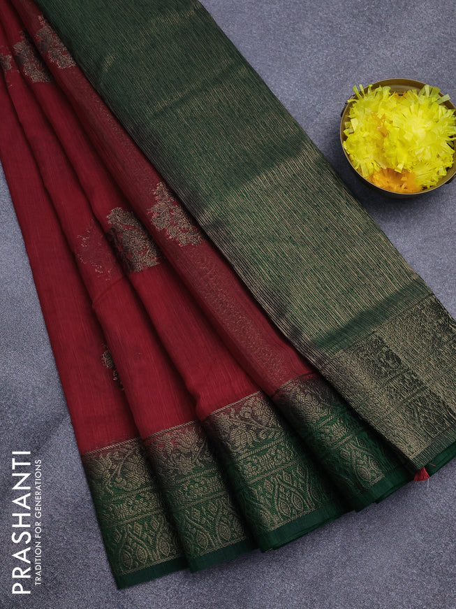 Banarasi semi matka saree red and green with antique zari woven buttas and antique zari border