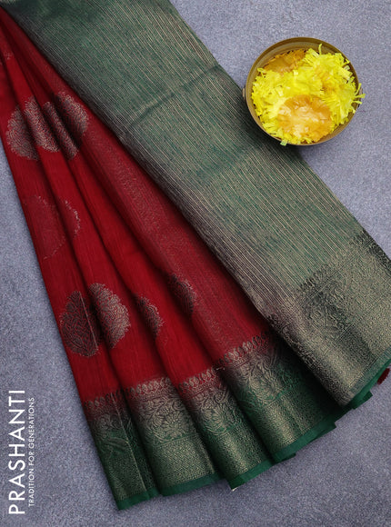 Banarasi semi matka saree red and dark green with antique zari woven buttas and antique zari border