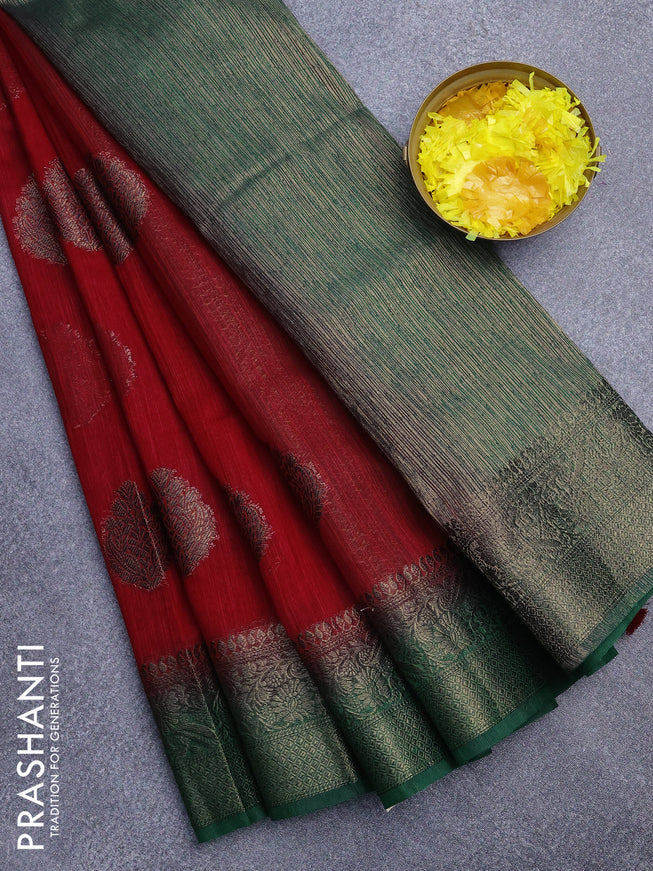 Banarasi semi matka saree red and dark green with antique zari woven buttas and antique zari border