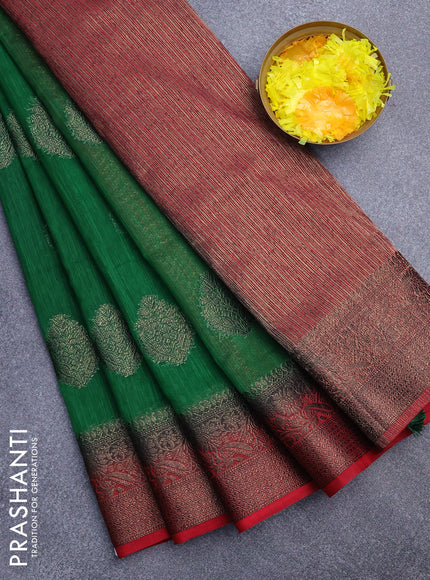 Banarasi semi matka saree green and red with antique zari woven buttas and antique zari border