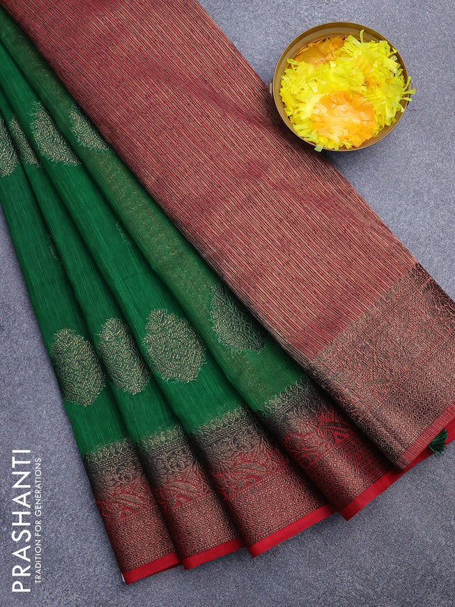 Banarasi semi matka saree green and red with antique zari woven buttas and antique zari border