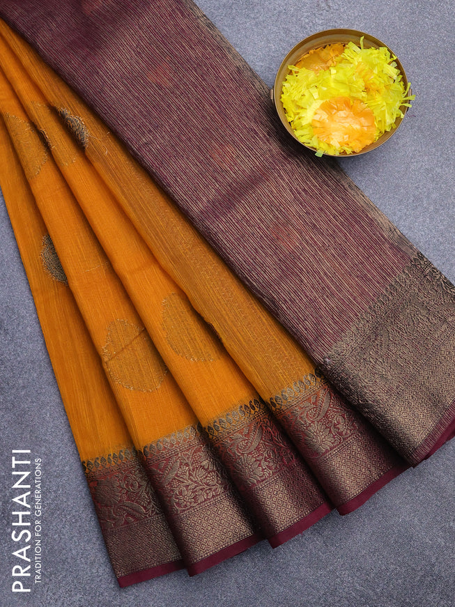 Banarasi semi matka saree mango yellow and dark magenta with antique zari woven buttas and antique zari border