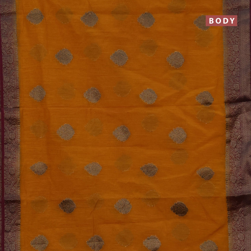 Banarasi semi matka saree mango yellow and dark magenta with antique zari woven buttas and antique zari border