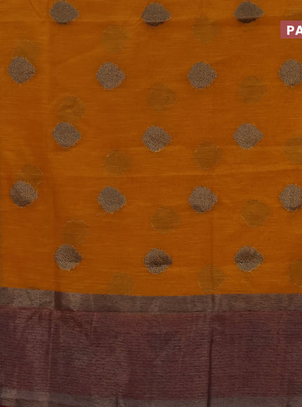 Banarasi semi matka saree mango yellow and dark magenta with antique zari woven buttas and antique zari border