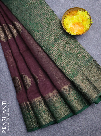 Banarasi semi matka saree rosy brown and dark green with antique zari woven buttas and antique zari border