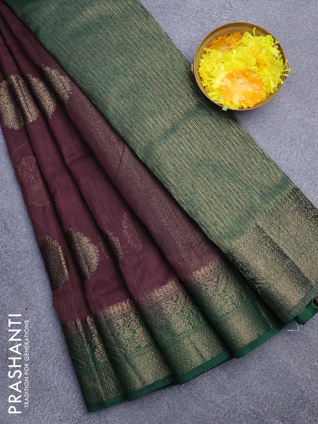 Banarasi semi matka saree rosy brown and dark green with antique zari woven buttas and antique zari border