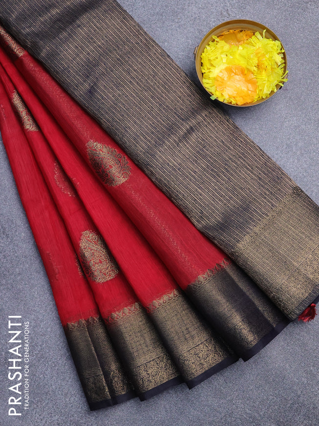 Banarasi semi matka saree kumkum red and navy blue with antique zari woven buttas and antique zari border