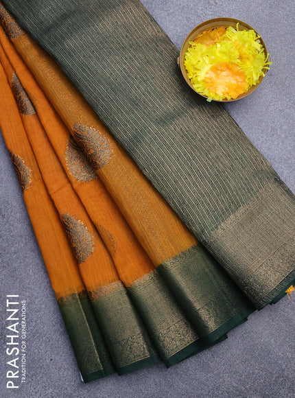 Banarasi semi matka saree mango yellow and bottle green with antique zari woven buttas and antique zari border