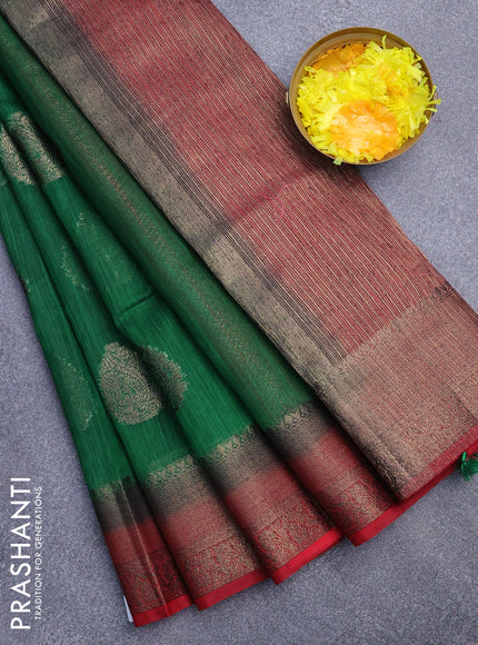 Banarasi semi matka saree green and maroon with antique zari woven buttas and antique zari border