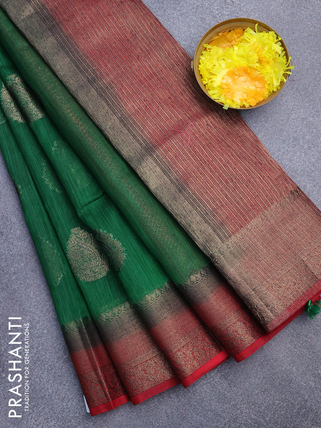 Banarasi semi matka saree green and maroon with antique zari woven buttas and antique zari border