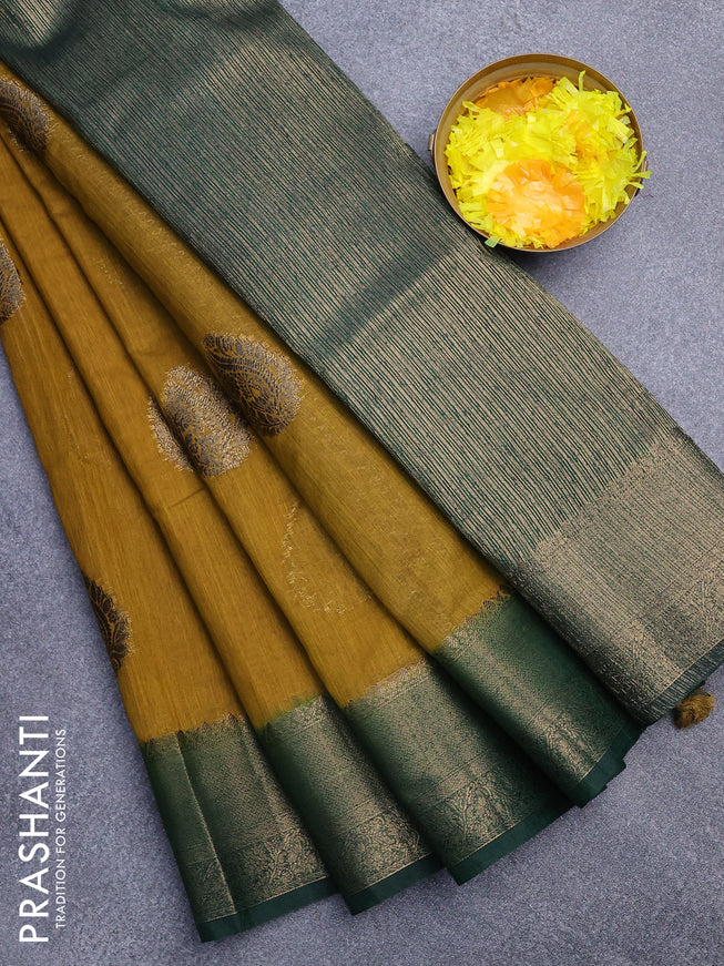 Banarasi semi matka saree mustard shade and bottle green with antique zari woven buttas and antique zari border