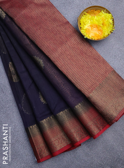 Banarasi semi matka saree navy blue and maroon with antique zari woven buttas and antique zari border