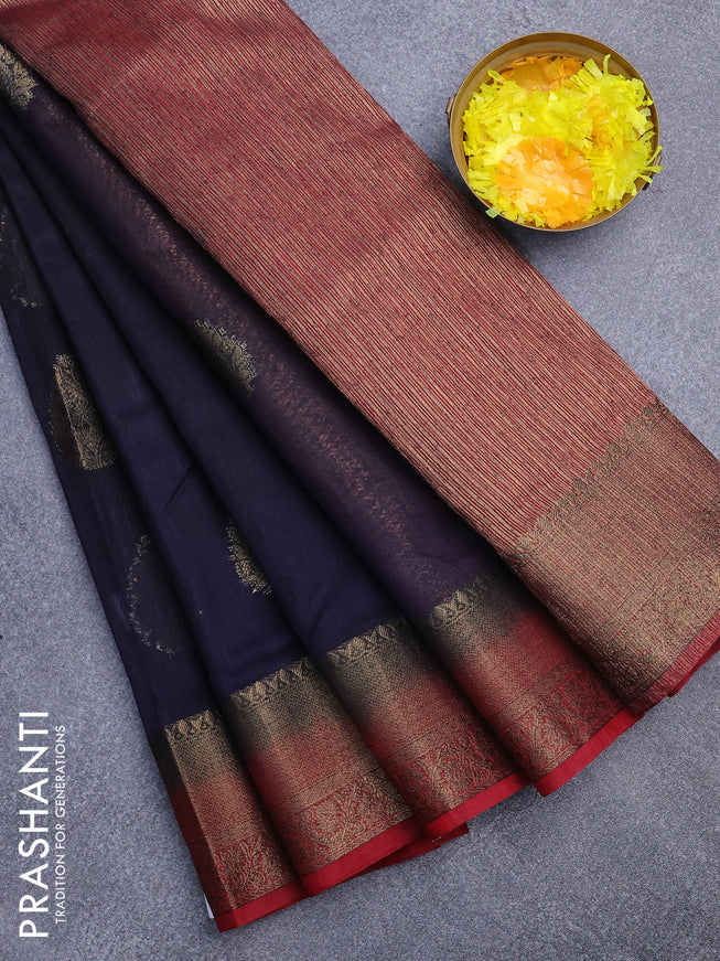 Banarasi semi matka saree navy blue and maroon with antique zari woven buttas and antique zari border