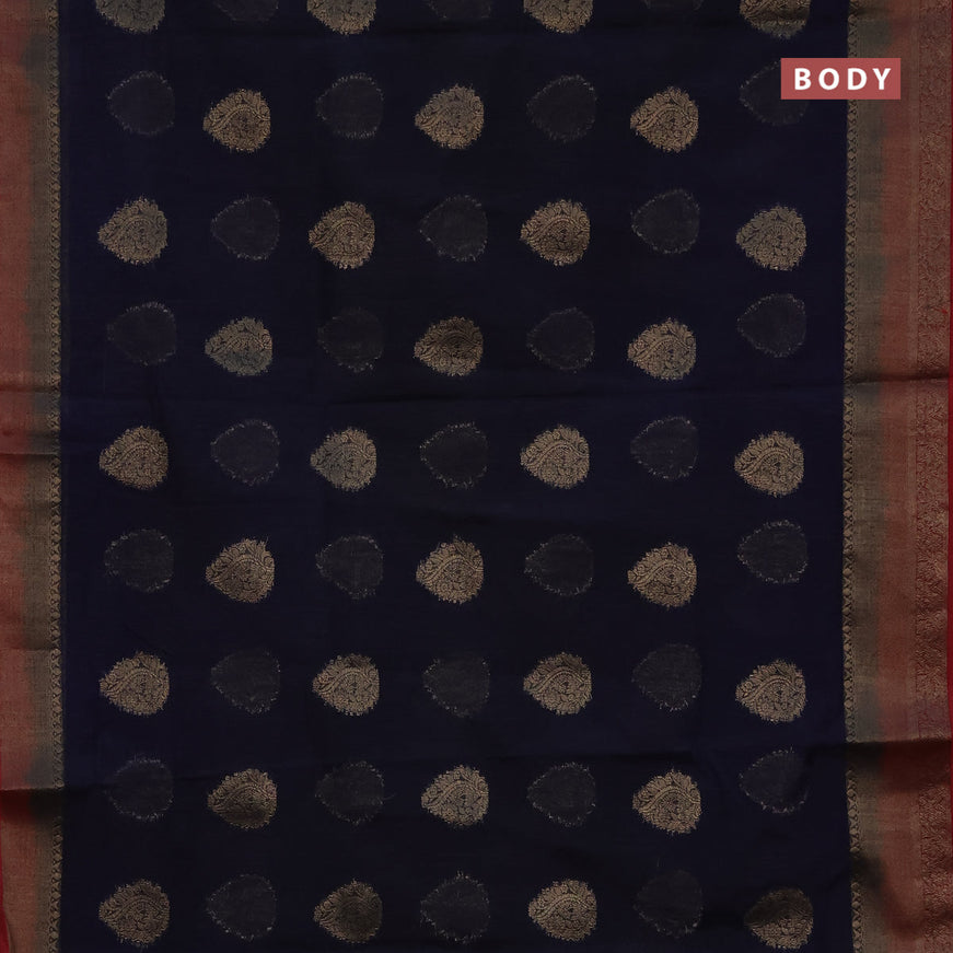 Banarasi semi matka saree navy blue and maroon with antique zari woven buttas and antique zari border