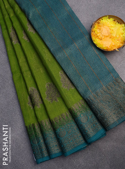 Banarasi semi matka saree light green and teal blue with antique zari woven buttas and antique zari border