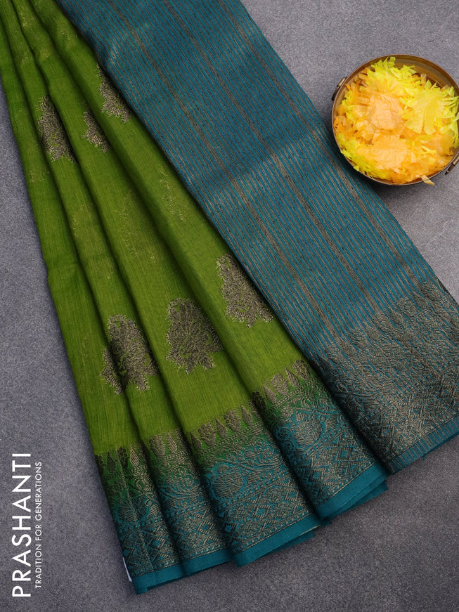 Banarasi semi matka saree light green and teal blue with antique zari woven buttas and antique zari border