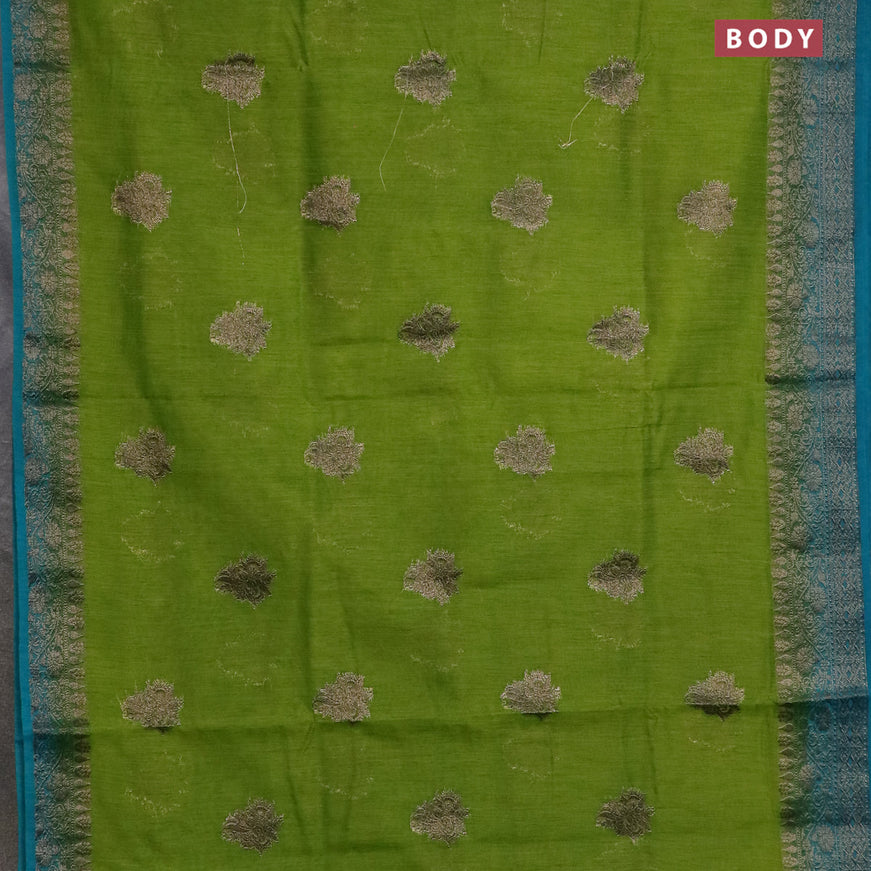 Banarasi semi matka saree light green and teal blue with antique zari woven buttas and antique zari border