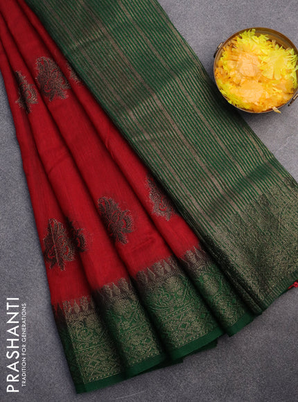 Banarasi semi matka saree red and green with antique zari woven buttas and antique zari border