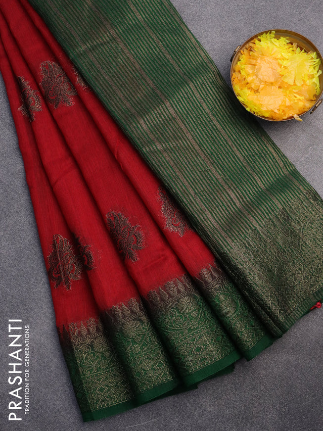 Banarasi semi matka saree red and green with antique zari woven buttas and antique zari border