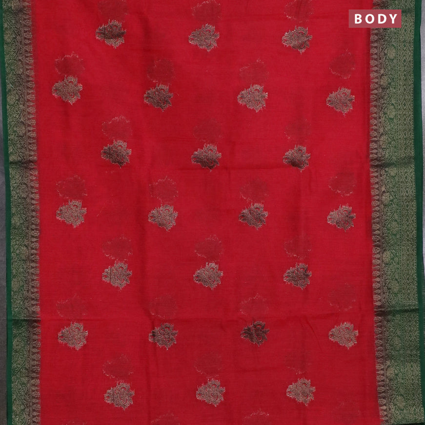 Banarasi semi matka saree red and green with antique zari woven buttas and antique zari border