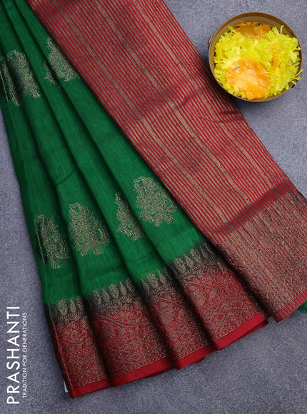 Banarasi semi matka saree green and red with antique zari woven buttas and antique zari border