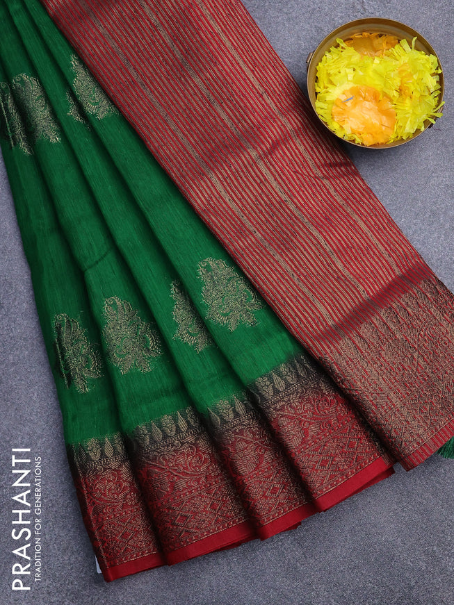 Banarasi semi matka saree green and red with antique zari woven buttas and antique zari border