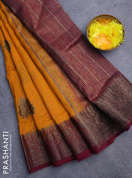 Banarasi semi matka saree mango yellow and dark magenta pink with antique zari woven buttas and antique zari border