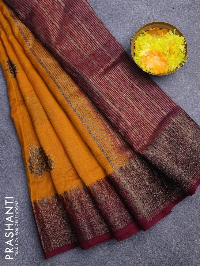 Banarasi semi matka saree mango yellow and dark magenta pink with antique zari woven buttas and antique zari border