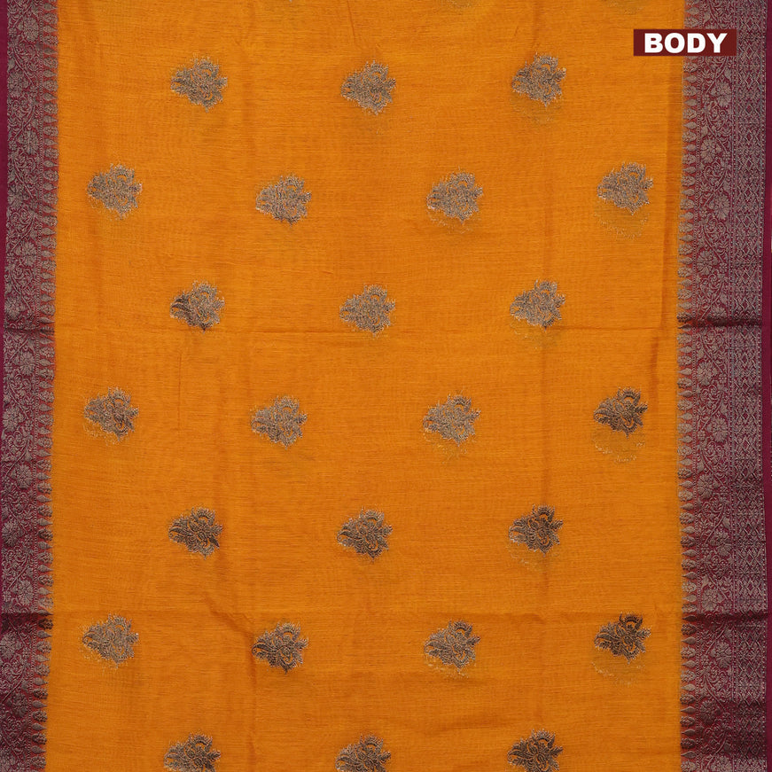 Banarasi semi matka saree mango yellow and dark magenta pink with antique zari woven buttas and antique zari border