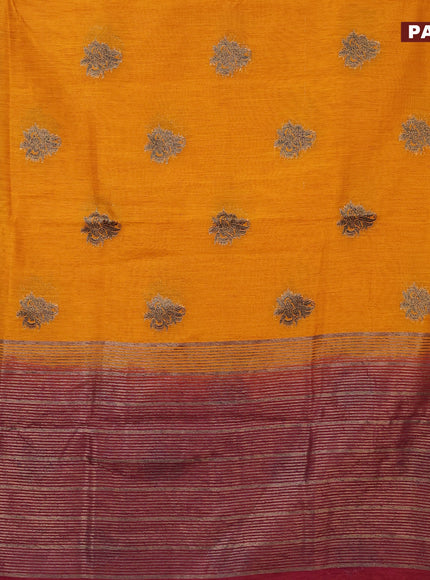 Banarasi semi matka saree mango yellow and dark magenta pink with antique zari woven buttas and antique zari border