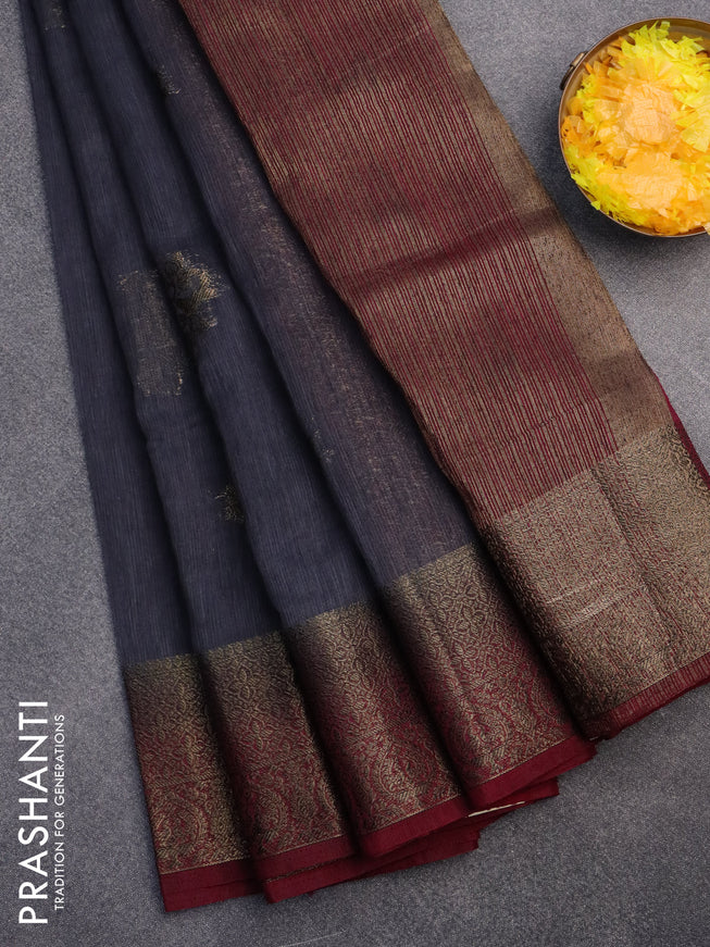 Banarasi semi matka saree dark grey and dark magenta pink with antique zari woven buttas and antique zari border