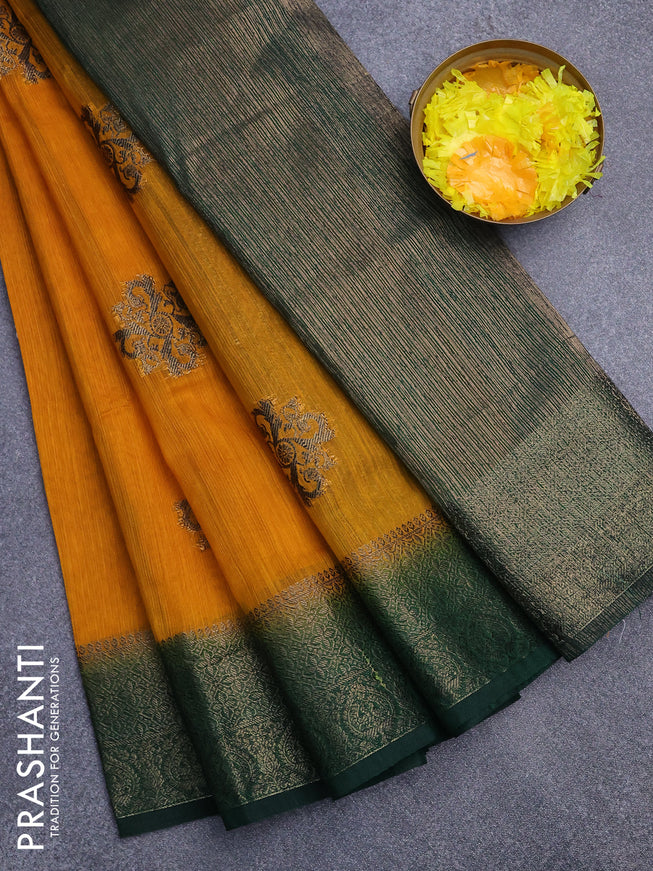 Banarasi semi matka saree mango yellow and green with antique zari woven buttas and antique zari border