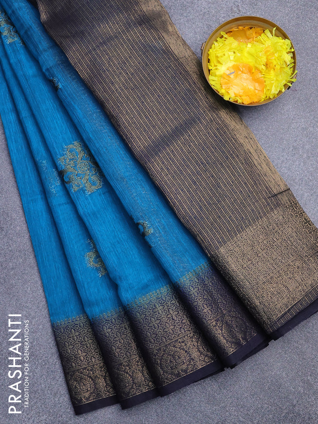 Banarasi semi matka saree cs blue and dark blue with antique zari woven buttas and antique zari border