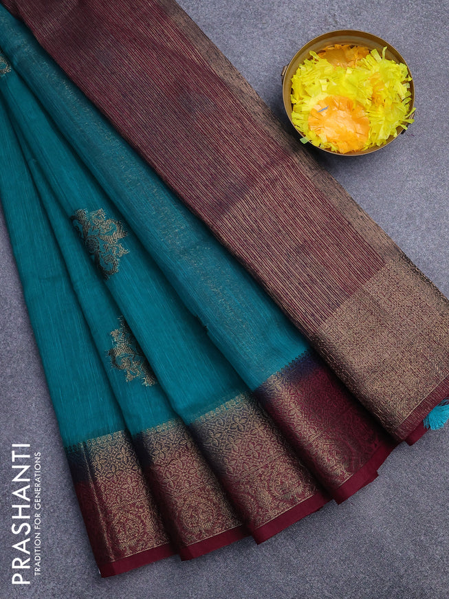 Banarasi semi matka saree teal green and dark magenta pink with antique zari woven buttas and antique zari border