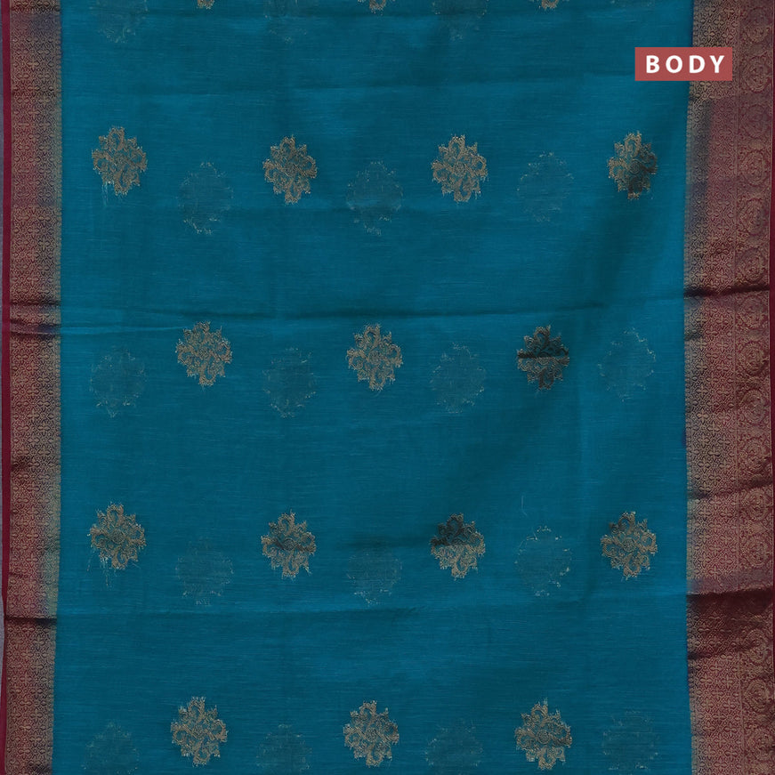 Banarasi semi matka saree teal green and dark magenta pink with antique zari woven buttas and antique zari border