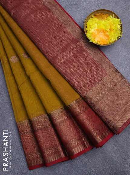 Banarasi semi matka saree mustard yellow and red with antique zari woven buttas and antique zari border