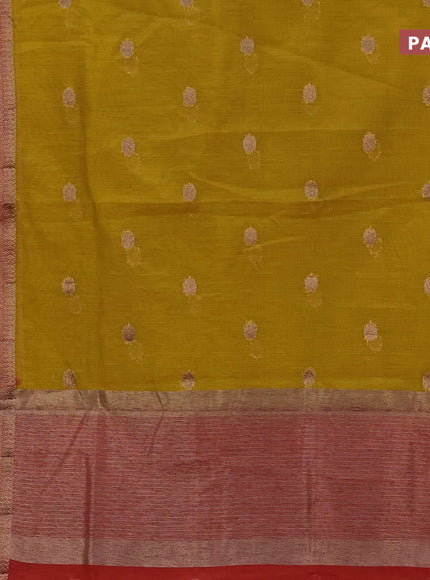 Banarasi semi matka saree mustard yellow and red with antique zari woven buttas and antique zari border