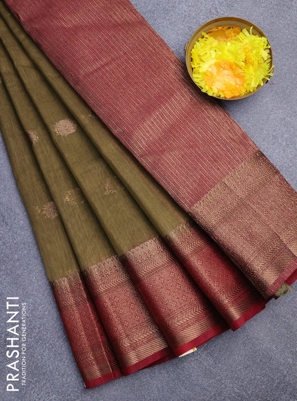 Banarasi semi matka saree sap green and maroon with antique zari woven buttas and antique zari border