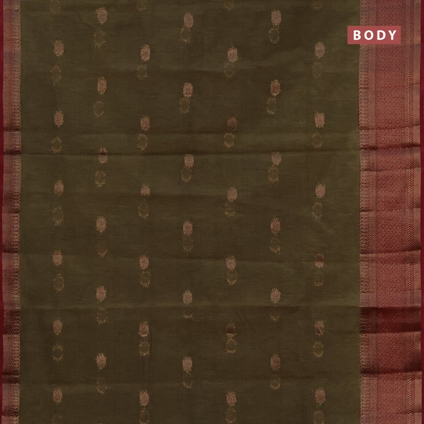 Banarasi semi matka saree sap green and maroon with antique zari woven buttas and antique zari border