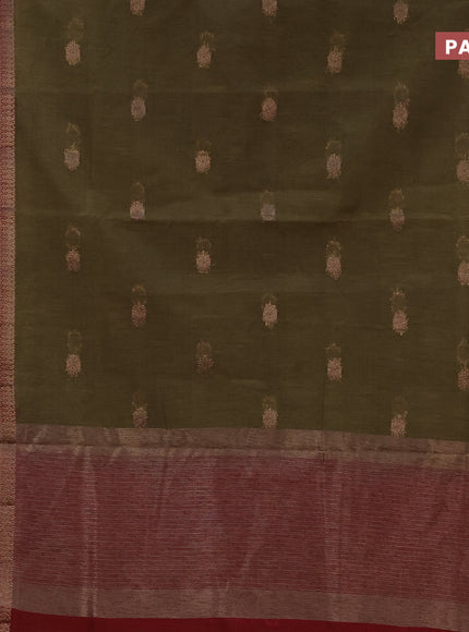 Banarasi semi matka saree sap green and maroon with antique zari woven buttas and antique zari border