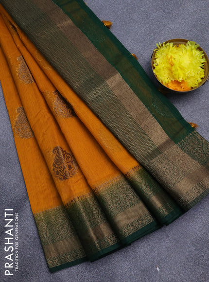 Banarasi semi matka saree mango yellow and green with antique zari woven buttas and antique zari border