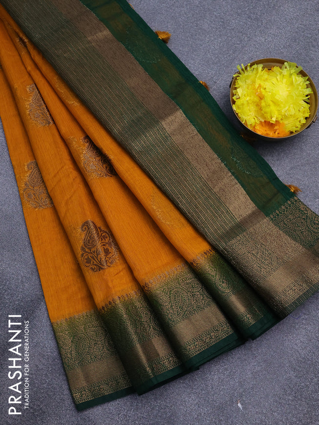 Banarasi semi matka saree mango yellow and green with antique zari woven buttas and antique zari border