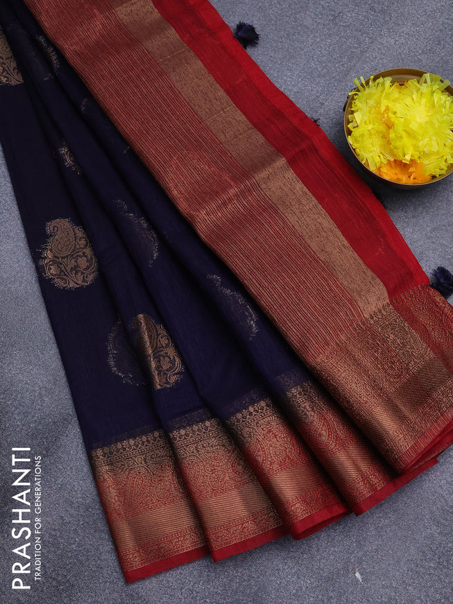 Banarasi semi matka saree dark blue and red with antique zari woven buttas and antique zari border