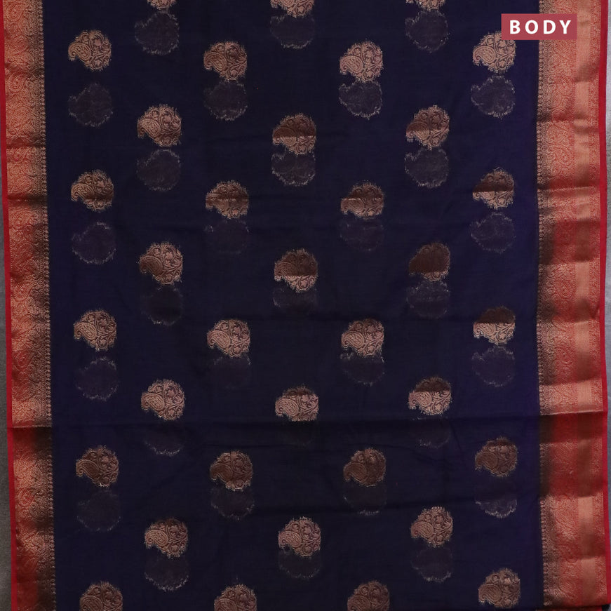 Banarasi semi matka saree dark blue and red with antique zari woven buttas and antique zari border