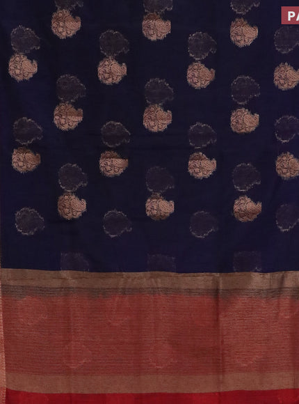 Banarasi semi matka saree dark blue and red with antique zari woven buttas and antique zari border