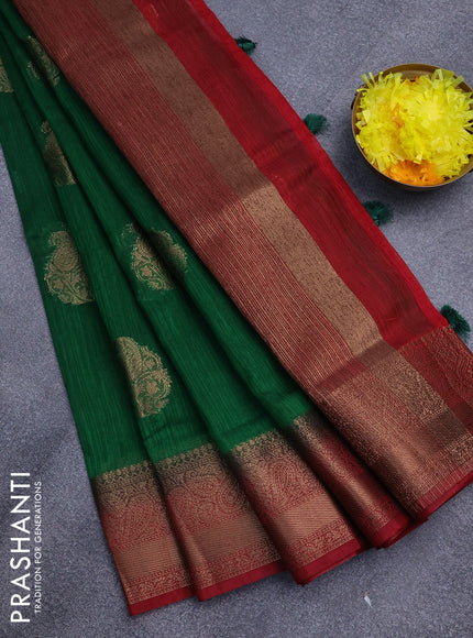 Banarasi semi matka saree green and red with antique zari woven buttas and antique zari border