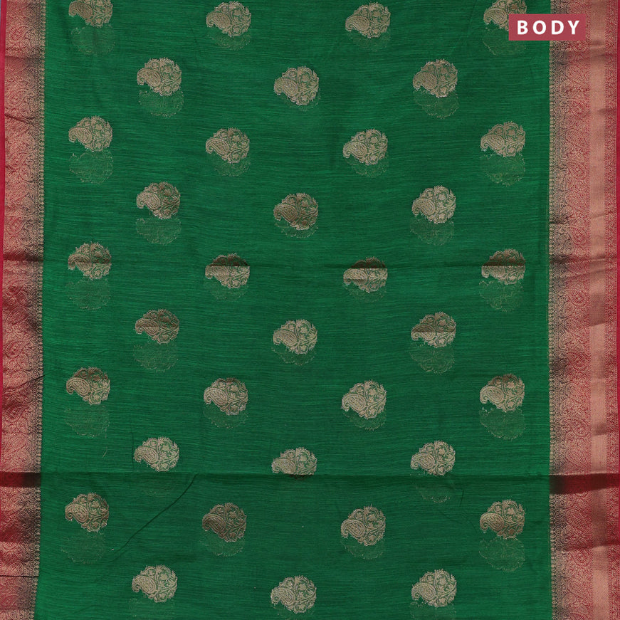 Banarasi semi matka saree green and red with antique zari woven buttas and antique zari border