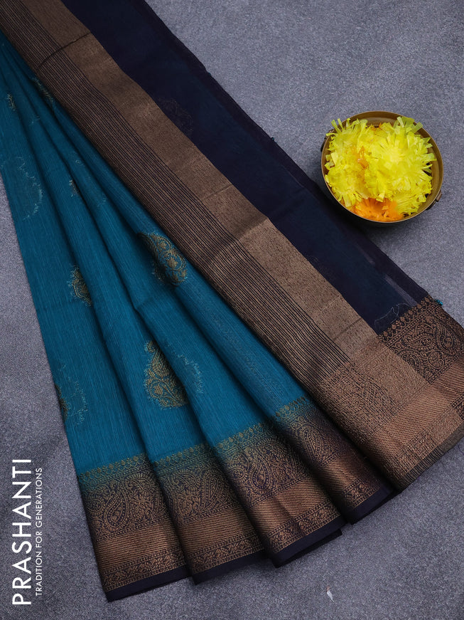 Banarasi semi matka saree teal blue and blue with antique zari woven buttas and antique zari border